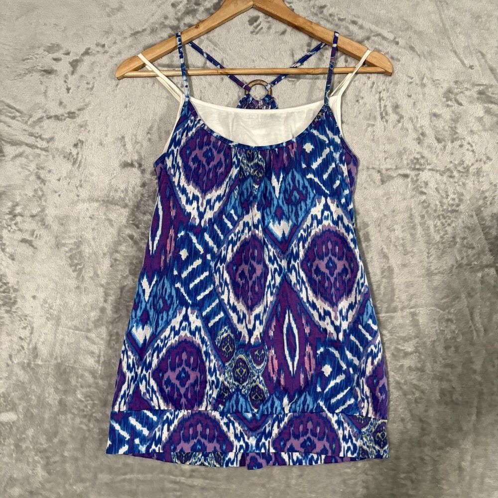 Weavers Y2K Geometric Ikat Tank Top Blue Purple Wood Ring Back Detail Size L